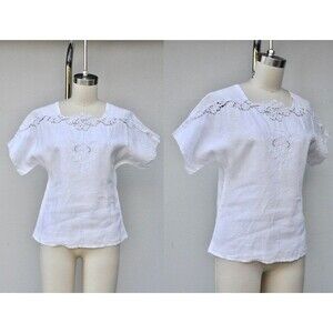 50s White LINEN Embroidered Blouse Eyelet Blouse Peasant Blouse Italian S